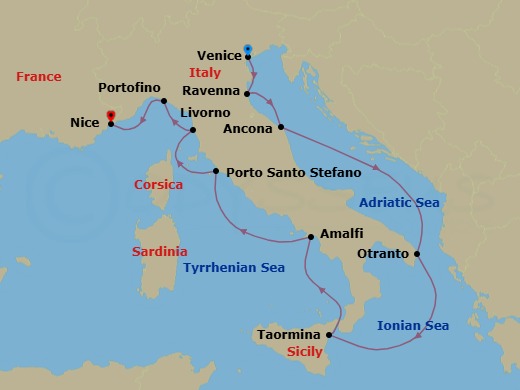 10 Night - Jewels of the Italian Coastlines - Le Bougainville - Starting in Venice, Ravenna, Ancona, Otranto, Taormina, Sicily, Amalfi, Porto Santo Stefano, Livorno, Portofino, Nice itinerary map