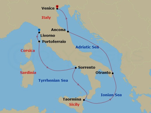 10 Night - Made in Italy, the Luxury Edition - Le Boreal - Starting in Livorno, Portoferraio, Elba, Sorrento, Taormina, Sicily, Otranto, Ancona, Venice itinerary map