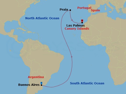 17 Night - Ocean Voyage : Buenos Aires - Las Palmas De Gran Canaria - Le Boreal - Starting in Buenos Aires, Buenos Aires Pilot Station, Praia, Las Palmas de Gran Canaria, Canary Islands itinerary map