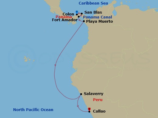 10 Night - From Panama's Wild Beauty to Peruvian Shores - L'Austral - Starting in Colon, San Blas Islands, Crossing the Panama Canal, Fuerte Amador, Flamenco Island, Playa Muerto, Darien National Park, Salaverry, Callao itinerary map
