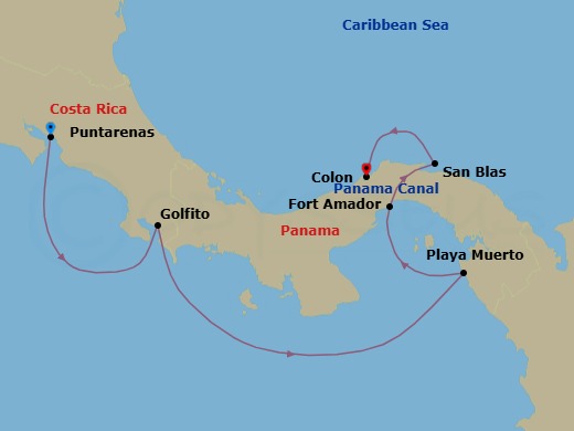 7 Night - Central America Jewels & Panama Canal - Le Bellot - Starting in Puntarenas, Golfito, Playa Muerto, Darien National Park, Fuerte Amador, Flamenco Island, Crossing the Panama Canal, San Blas Islands, Colon itinerary map
