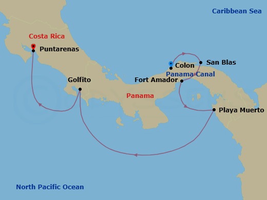 7 Night - Central America Jewels & Panama Canal - Le Bellot - Starting in Colon, San Blas Islands, Crossing the Panama Canal, Fuerte Amador, Flamenco Island, Playa Muerto, Darien National Park, Golfito, Puntarenas itinerary map