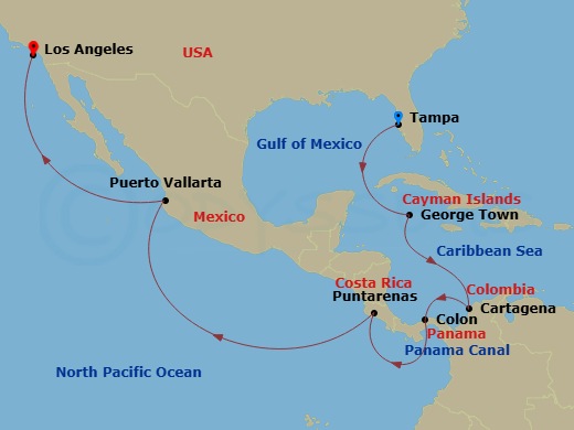 15 Night - Panama Canal Westward Cruise - Celebrity Summit - Starting in Tampa, Florida, George Town, Grand Cayman, Cartagena CO, Colon, Panama, Panama Canal (Cruising), Puntarenas, Costa Rica, Puerto Vallarta, Mexico, Los Angeles, California itinerary map