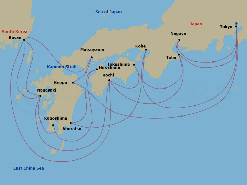 23 Night - Grand Japan Cherry Blossoms - Sapphire Princess - Starting in Tokyo, Japan, Toba, Japan, Kochi, Japan, Busan, South Korea, Nagasaki, Japan, Kagoshima, Japan, Matsuyama, Japan, Miyazaki (Aburatsu), Japan, Kobe (for Kyoto), Japan, Tokyo, Japan, Nagoya, Japan, Toba, Japan, Tokushima, Japan, Kochi, Japan, Nagasaki, Japan, Busan, South Korea, Kanmon Straits, Japan, Hiroshima, Japan, Beppu, Japan, Tokyo, Japan itinerary map