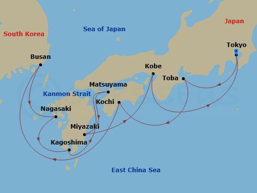 11 Night - Japan Explorer Spring Flowers - Sapphire Princess - Starting in Tokyo, Japan, Toba, Japan, Kochi, Japan, Busan, South Korea, Nagasaki, Japan, Kagoshima, Japan, Matsuyama, Japan, Miyazaki (Aburatsu), Japan, Kobe (for Kyoto), Japan, Tokyo, Japan itinerary map