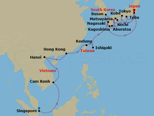 25 Night - Southeast Asia & Japan with Halong Bay - Sapphire Princess - Starting in Singapore, Cam Ranh (Nha Trang), Vietnam, Halong Bay / Hanoi (Cai Lan), Vietnam, Scenic Cruising Halong Bay, Hong Kong, Taipei (Keelung), Ishigaki, Japan, Nagasaki, Japan, Tokyo, Japan, Toba, Japan, Kochi, Japan, Busan, South Korea, Nagasaki, Japan, Kagoshima, Japan, Matsuyama, Japan, Miyazaki (Aburatsu), Japan, Kobe (for Kyoto), Japan, Tokyo, Japan itinerary map