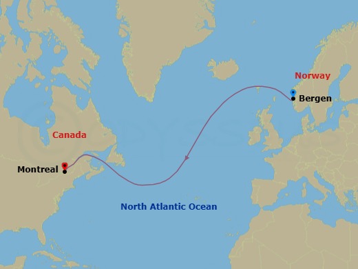 11 Night - Ocean Voyage : Bergen-Montreal - Le Commandant Charcot - Starting in Bergen, Montreal itinerary map