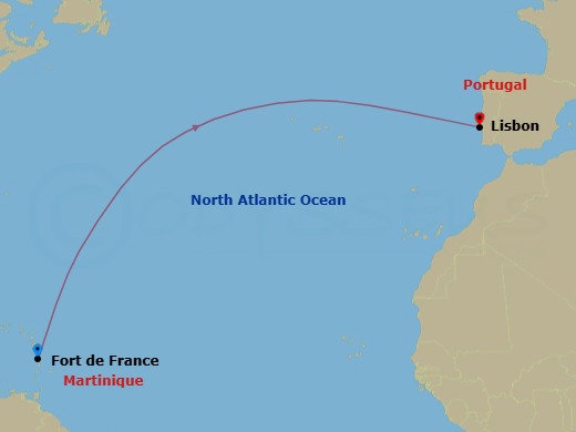 12 Night - Ocean Voyage : Fort-De-France - Lisbon - Le Bellot - Starting in Fort-de-France, Lisbon itinerary map