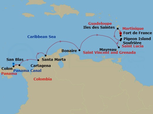 10 Night - Panama, Colombia & Caribbean Islands - Le Bellot - Starting in Colon, San Blas Islands, Cartagena CO, Santa Marta, Bonaire, Mayreau Island, Pigeon Island Beach, Soufriere, Les Saintes, Fort-de-France itinerary map