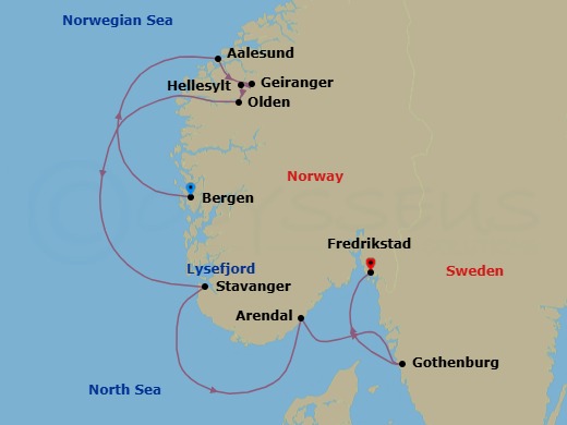 7 Night - Cruising the Norwegian Fjords - with Smithsonian Journeys - Le Laperouse - Starting in Bergen, Alesund, Geiranger, Norway, Hellesylt, Norway, Olden, Sailing in Lysefjorden, Stavanger, Arendal, Goteborg (Gothenburg), Fredrikstad itinerary map