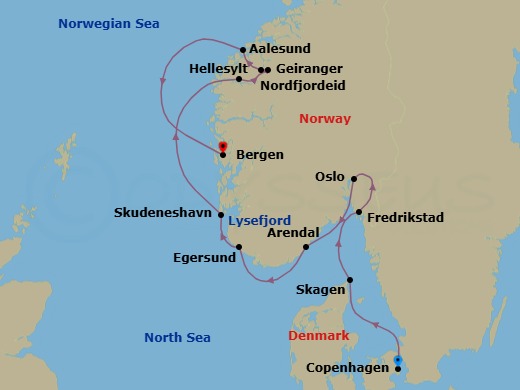 10 Night - Scandinavian Cities and Norwegian Fjords - Le Champlain - Starting in Copenhagen, Skagen, Fredrikstad, Oslo, Arendal, Egersund, Skudeneshavn, Sailing in Lysefjorden, Nordfjordeid, Geiranger, Norway, Hellesylt, Norway, Alesund, Bergen itinerary map