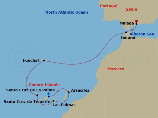 8 Night - Rhythms of Spain : from the Canaries to Malaga - L'Austral - Starting in Santa Cruz de Tenerife, Arrecife de Lanzarote, Canary Islands, Las Palmas de Gran Canaria, Canary Islands, Santa Cruz de La Palma, Funchal, Madeira, Tangier, Malaga itinerary map