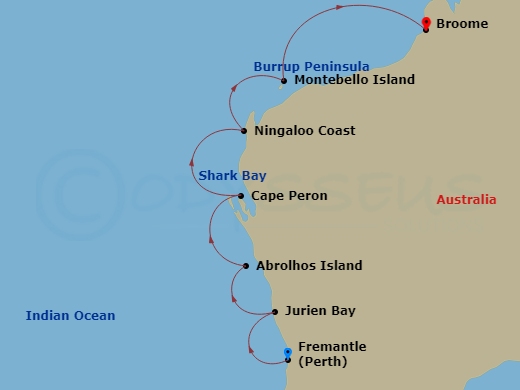 10 Night - Australia's West Coast Odyssey - Le Soleal - Starting in Fremantle, Jurien Bay Marine Park, Abrolhos Islands Marine Park, Shark Bay World Heritage Area, Cape Peron, Ningaloo Coast World Heritage Area, Montebello Islands, Burrup Peninsula, Broome itinerary map