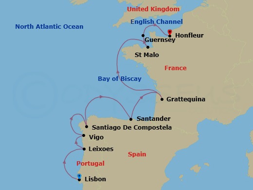 10 Night - The Iberian Peninsula and Fortified Cities of the Atlantic - Le Lyrial - Starting in Lisbon, Leixoes / Porto, Vigo / Santiago de Compostela, Santander, Chateau Grattequina, Bordeaux, Saint-malo, Guernsey, Channel Islands, Herm, Channel Islands, Honfleur itinerary map