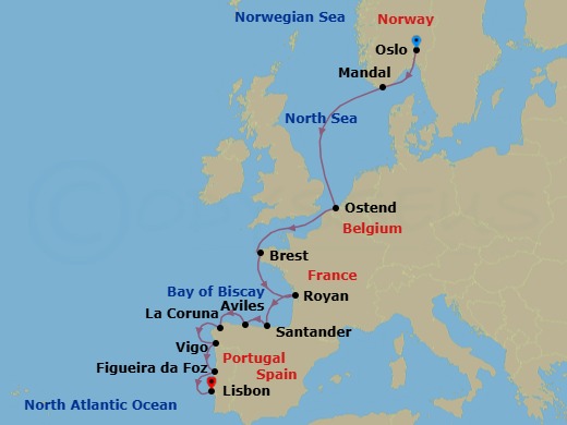 12 Night - Summer Escapes : from the North Sea to the Iberian Peninsula - Le Laperouse - Starting in Oslo, Mandal, Ostend, Brest, Royan, Santander, Aviles, La Coruna, Vigo / Santiago de Compostela, Figueira da Foz, Lisbon itinerary map
