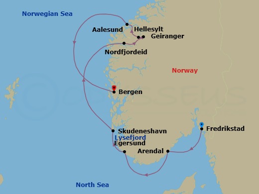 7 Night - Norwegian Fjords - Le Laperouse - Starting in Fredrikstad, Arendal, Egersund, Skudeneshavn, Sailing in Lysefjorden, Nordfjordeid, Geiranger, Norway, Hellesylt, Norway, Alesund, Bergen itinerary map
