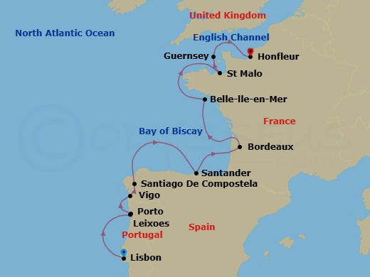 10 Night - The Iberian Peninsula and Fortified Cities of the Atlantic - Le Laperouse - Starting in Lisbon, Leixoes / Porto, Vigo / Santiago de Compostela, Santander, Bordeaux, Belle-Ile-en-Mer, Saint-malo, Guernsey, Channel Islands, Honfleur, Honfleur Pilot Station itinerary map