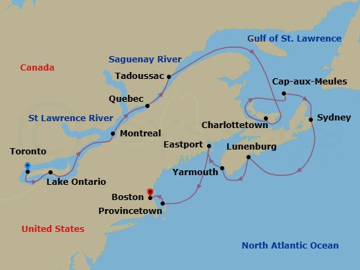 13 Night - Fall Foliage On the St. Lawrence : Quebec to the Canadian Maritimes - with Smithsonian Journeys - Le Bellot - Starting in Toronto, Sailing River Saint Lawrence and going through its locks, Sailing Lake Ontario, Montreal, Quebec, Tadoussac, Charlottetown, Cap-aux-meules, Magdalen Islands, Sydney AU, Lunenburg, Yarmouth, Nova Scotia, Eastport, Provincetown, Boston itinerary map