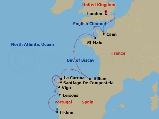 9 Night - Lisbon to London : Cruising Europe's Western Shores - with Smithsonian Journeys - Le Bellot - Starting in Lisbon, Leixoes / Porto, Vigo / Santiago de Compostela, La Coruna, Bilbao, Saint-malo, Caen, London itinerary map