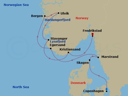 8 Night - Secret Scandinavia - Le Champlain - Starting in Copenhagen, Skagen, Marstrand, Egersund, Bergen, Sailing in the Hardangerfjord, Ulvik, Norway, Sailing in Lysefjorden, Stavanger, Kristiansand, Fredrikstad itinerary map
