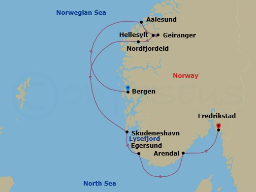 7 Night - Norwegian Fjords - Le Champlain - Starting in Bergen, Alesund, Geiranger, Norway, Hellesylt, Norway, Nordfjordeid, Skudeneshavn, Sailing in Lysefjorden, Egersund, Arendal, Fredrikstad itinerary map