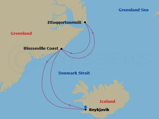14 Night - Northeast Greenland's Unexplored Sea Ice - Le Commandant Charcot - Starting in Reykjavik, Exploring the Blosseville Coast, Exploration of Ittoqqortoormiit Region, Exploration of North-East Greenland, Exploring the Blosseville Coast, Reykjavik itinerary map