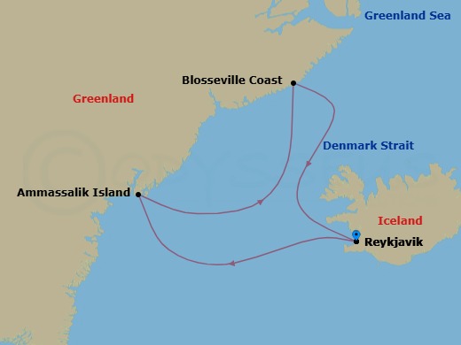 10 Night - Inuit Spring of Ammassalik - Le Commandant Charcot - Starting in Reykjavik, Ammassalik Region, Blosseville Coast, Reykjavik itinerary map