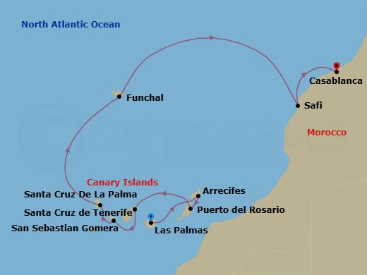 10 Night - Atlantic Odyssey from the Canary Islands to the Shores of Morocco - Le Boreal - Starting in Las Palmas de Gran Canaria, Canary Islands, Arrecife de Lanzarote, Canary Islands, Puerto del Rosario, Canary Islands, Santa Cruz de Tenerife, San Sebastian de la Gomera, Canary Islands, Santa Cruz de La Palma, Funchal, Madeira, Safi, Casablanca itinerary map