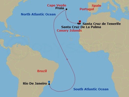 13 Night - Ocean Voyage : Rio De Janeiro-Santa Cruz De Tenerife - L'Austral - Starting in Rio De Janeiro, Praia, Santa Cruz de La Palma, Santa Cruz de Tenerife itinerary map