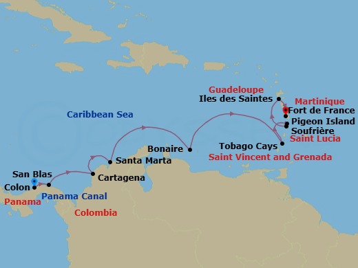 10 Night - Panama, Colombia & Caribbean Islands - Le Laperouse - Starting in Colon, San Blas Islands, Cartagena CO, Santa Marta, Bonaire, Tobago Cays, Pigeon Island Beach, Soufriere, Les Saintes, Fort-de-France itinerary map
