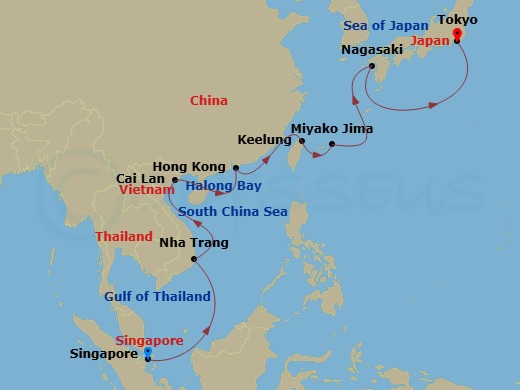 14 Night - Southeast Asia & Japan with Halong Bay - Sapphire Princess - Starting in Singapore, Cam Ranh (Nha Trang), Vietnam, Halong Bay / Hanoi (Cai Lan), Vietnam, Scenic Cruising Halong Bay, Hong Kong, Taipei (Keelung), Miyakojima, Japan, Nagasaki, Japan, Tokyo, Japan itinerary map