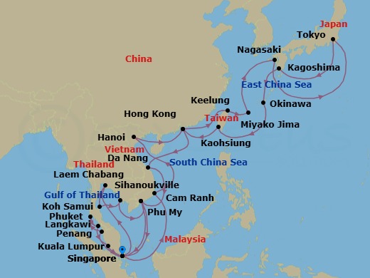 42 Night - Japan & Southeast Asia Grand Adventure - Sapphire Princess - Starting in Singapore, Laem Chabang (for Bangkok), Thailand, Ko Samui, Thailand, Sihanoukville, Cambodia, Ho Chi Minh City (Phu My), Vietnam, Penang, Malaysia, Phuket, Thailand, Langkawi, Malaysia, Kuala Lumpur (Port Kelang), Malaysia, Singapore, Cam Ranh (Nha Trang), Vietnam, Halong Bay / Hanoi (Cai Lan), Vietnam, Scenic Cruising Halong Bay, Hong Kong, Taipei (Keelung), Miyakojima, Japan, Nagasaki, Japan, Tokyo, Japan, Kagoshima, Japan, Okinawa, Japan, Kaohsiung, Taiwan, Hong Kong, Da Nang / Hue (Chan May), Vietnam, Ho Chi Minh City (Phu My), Vietnam, Singapore itinerary map
