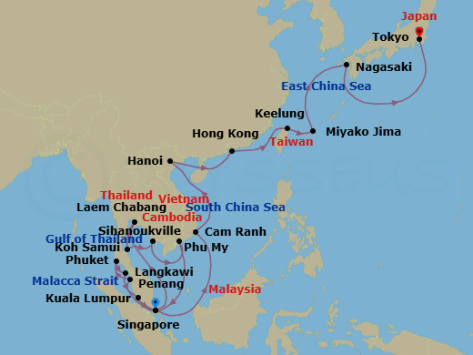 28 Night - Japan & Southeast Asia Grand Adventure - Sapphire Princess - Starting in Singapore, Laem Chabang (for Bangkok), Thailand, Ko Samui, Thailand, Sihanoukville, Cambodia, Ho Chi Minh City (Phu My), Vietnam, Penang, Malaysia, Phuket, Thailand, Langkawi, Malaysia, Kuala Lumpur (Port Kelang), Malaysia, Singapore, Cam Ranh (Nha Trang), Vietnam, Halong Bay / Hanoi (Cai Lan), Vietnam, Scenic Cruising Halong Bay, Hong Kong, Taipei (Keelung), Miyakojima, Japan, Nagasaki, Japan, Tokyo, Japan itinerary map