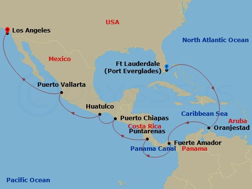 16 Night - Panama Canal - Ocean to Ocean - Sapphire Princess - Starting in Fort Lauderdale, Florida, Aruba, Panama Canal Full Transit New Locks, Fuerte Amador, Panama (for Panama City), Puntarenas, Costa Rica, Puerto Chiapas, Mexico, Huatulco, Mexico, Puerto Vallarta, Mexico, Los Angeles, California itinerary map