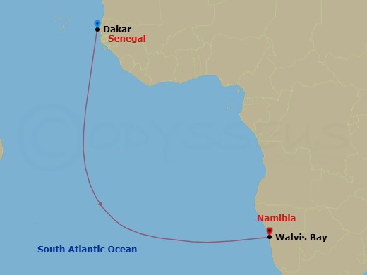 12 Night - Ocean Voyage : Dakar - Walvis Bay - Le Dumont-d'Urville - Starting in Dakar, Walvis Bay itinerary map