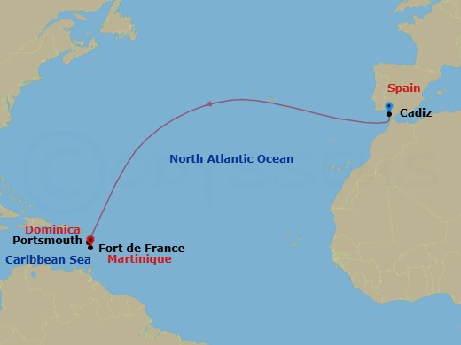 12 Night - Ocean Voyage : Cadiz - Fort De France - Le Bougainville - Starting in Cadiz, Portsmouth DM, Fort-de-France itinerary map