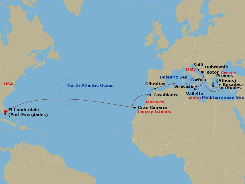 25 Night - Adriatic, Moroccan and Canary Islands Passage - Island Princess - Starting in Athens (Piraeus), Greece, Kusadasi, Turkey (for Ephesus), Rhodes, Greece, Corfu, Greece, Kotor, Montenegro, Split, Croatia, Dubrovnik, Croatia, Siracusa, Italy, Valletta, Malta, Gibraltar, Casablanca, Morocco (for Marrakesh), Gran Canaria (Las Palmas), Canary Islands, Fort Lauderdale, Florida itinerary map