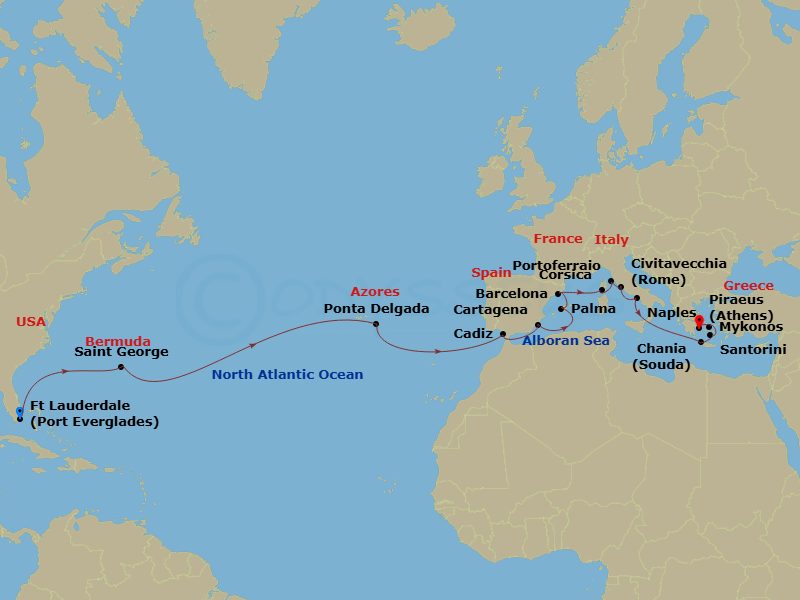 25 Night - Spain, Italy and Greece Passage - Island Princess - Starting in Fort Lauderdale, Florida, Bermuda, Azores Islands (Ponta Delgada), Portugal, Seville (Cadiz), Spain, Cartagena ES, Mallorca (Palma), Spain, Barcelona, Spain, Corsica (Ajaccio), France, Elba (Portoferraio), Italy, Civitavecchia (for Rome), Italy, Naples, Italy (for Capri and Pompeii), Crete (Chania), Greece, Santorini, Greece, Mykonos, Greece, Athens (Piraeus), Greece itinerary map