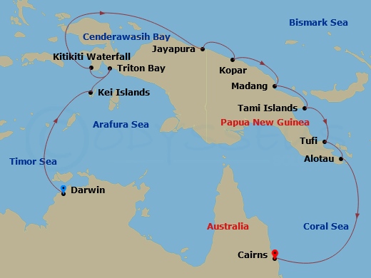 16 Night - New Guinea Odyssey - Le Soleal - Starting in Darwin, Kei Islands, Maluku Islands, Triton Bay, West Papua, Kitikiti Waterfall, Mommon, Cenderawasih Bay, Jayapura, Papua, Kopar, Madang, Tami Islands, Tufi, Alotau, Cairns itinerary map