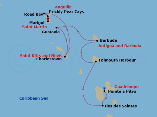 7 Night - History and Culture Visiting Caribbean Jewels - Le Ponant - Starting in Pointe-a-Pitre, Les Saintes, Falmouth Bay, Barbuda, Gustavia, Charlestown, Nevis, Prickley Pear Cays, Road Bay, Anguilla, Marigot itinerary map