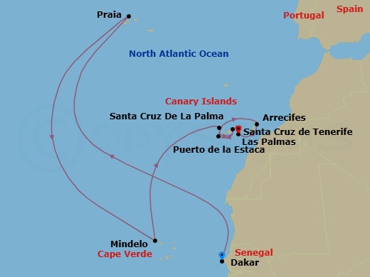 10 Night - Volcanic Landscapes from Cape Verde to Canary Islands - Le Dumont-d'Urville - Starting in Dakar, Praia, Mindelo, Santa Cruz de La Palma, Santa Cruz de Tenerife, La Estaca, Canary Islands, Arrecife de Lanzarote, Canary Islands, Las Palmas de Gran Canaria, Canary Islands itinerary map