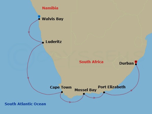 10 Night - Namibian & South African Coastlines - Le Dumont-d'Urville - Starting in Walvis Bay, Luderitz, Cape Town, Mossel Bay, Port Elizabeth ZA, Durban itinerary map