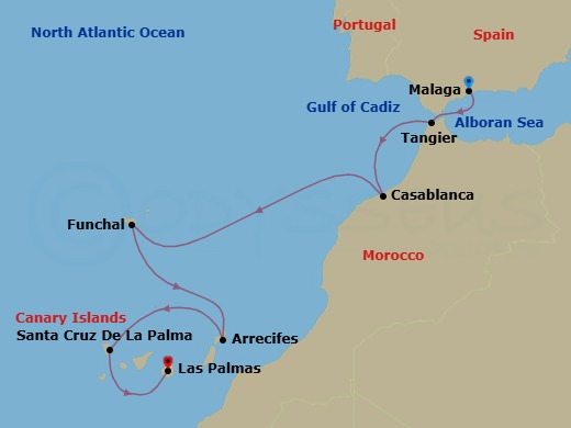 8 Night - Atlantic Odyssey from the Iberian Peninsula to the Canary Islands - Le Dumont-d'Urville - Starting in Malaga, Tangier, Casablanca, Funchal, Madeira, Arrecife de Lanzarote, Canary Islands, Santa Cruz de La Palma, Las Palmas de Gran Canaria, Canary Islands itinerary map