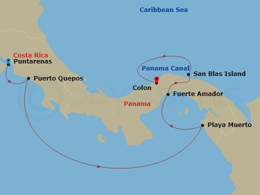 7 Night - Panama and Costa Rica by Sea : the Natural Wonders of Central America - with Smithsonian Journeys - Le Laperouse - Starting in Puntarenas, Quepos, Playa Muerto, Darien National Park, Fuerte Amador, Flamenco Island, Crossing the Panama Canal, San Blas Islands, Colon itinerary map