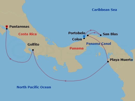 7 Night - Central America Jewels & Panama Canal - Le Laperouse - Starting in Colon, San Blas Islands, Portobelo, Crossing the Panama Canal, Playa Muerto, Darien National Park, Golfito, Puntarenas itinerary map