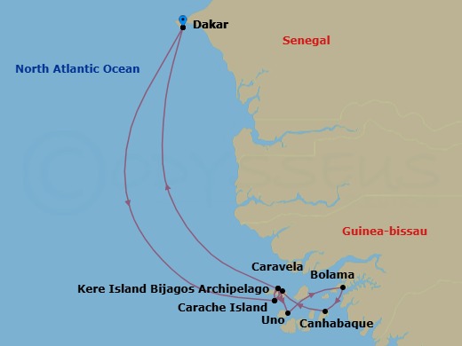 8 Night - Adventure in the Bissagos Islands - Le Laperouse - Starting in Dakar, Carache Island, Bijagos, Caravela Island, Bijagos, Uno Island, Bijagos, Bolama, Canhabaque, Bijagos, Caravela Island, Bijagos, Carache Island, Bijagos, Kere, Bijagos, Dakar itinerary map