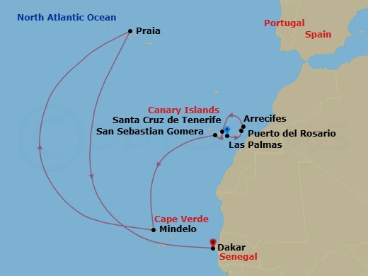 10 Night - Volcanic Landscapes from Canary Islands to Cape Verde - Le Laperouse - Starting in Las Palmas de Gran Canaria, Canary Islands, Puerto del Rosario, Canary Islands, Arrecife de Lanzarote, Canary Islands, Santa Cruz de Tenerife, San Sebastian de la Gomera, Canary Islands, Mindelo, Praia, Dakar itinerary map