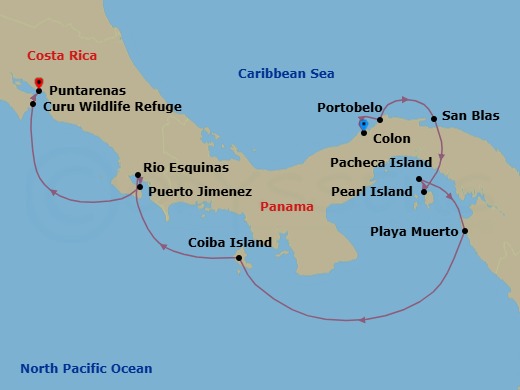 10 Night - Secrets of Central America - Le Bellot - Starting in Colon, Portobelo, San Blas Islands, Crossing the Panama Canal, Pearls Islands, Pacheca Island, Playa Muerto, Darien National Park, Coiba Island, Rio Esquinas, Puerto Jimenez, Curu Wildlife Refuge, Puntarenas itinerary map