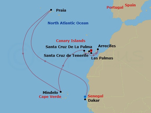 10 Night - Volcanic Landscapes from Cape Verde to Canary Islands - Le Champlain - Starting in Dakar, Praia, Mindelo, Santa Cruz de La Palma, Santa Cruz de Tenerife, Arrecife de Lanzarote, Canary Islands, Las Palmas de Gran Canaria, Canary Islands itinerary map