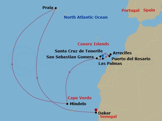 10 Night - Volcanic Landscapes from Canary Islands to Cape Verde - Le Champlain - Starting in Las Palmas de Gran Canaria, Canary Islands, Arrecife de Lanzarote, Canary Islands, Puerto del Rosario, Canary Islands, Santa Cruz de Tenerife, San Sebastian de la Gomera, Canary Islands, Mindelo, Praia, Dakar itinerary map